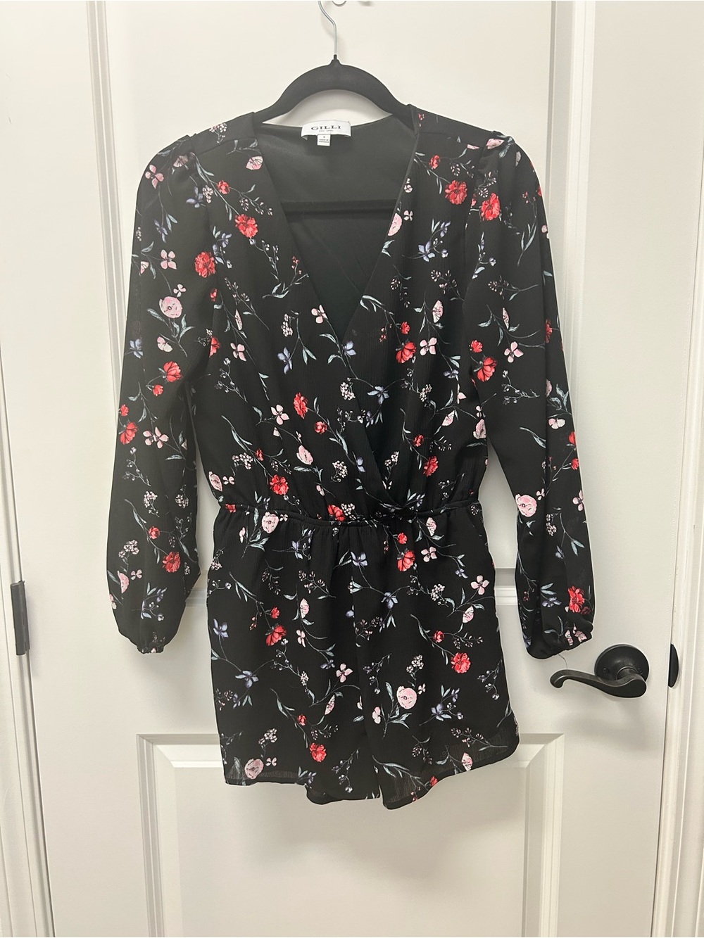 Gilli Black Floral Long-Sleeve Wrap Tunic Romper